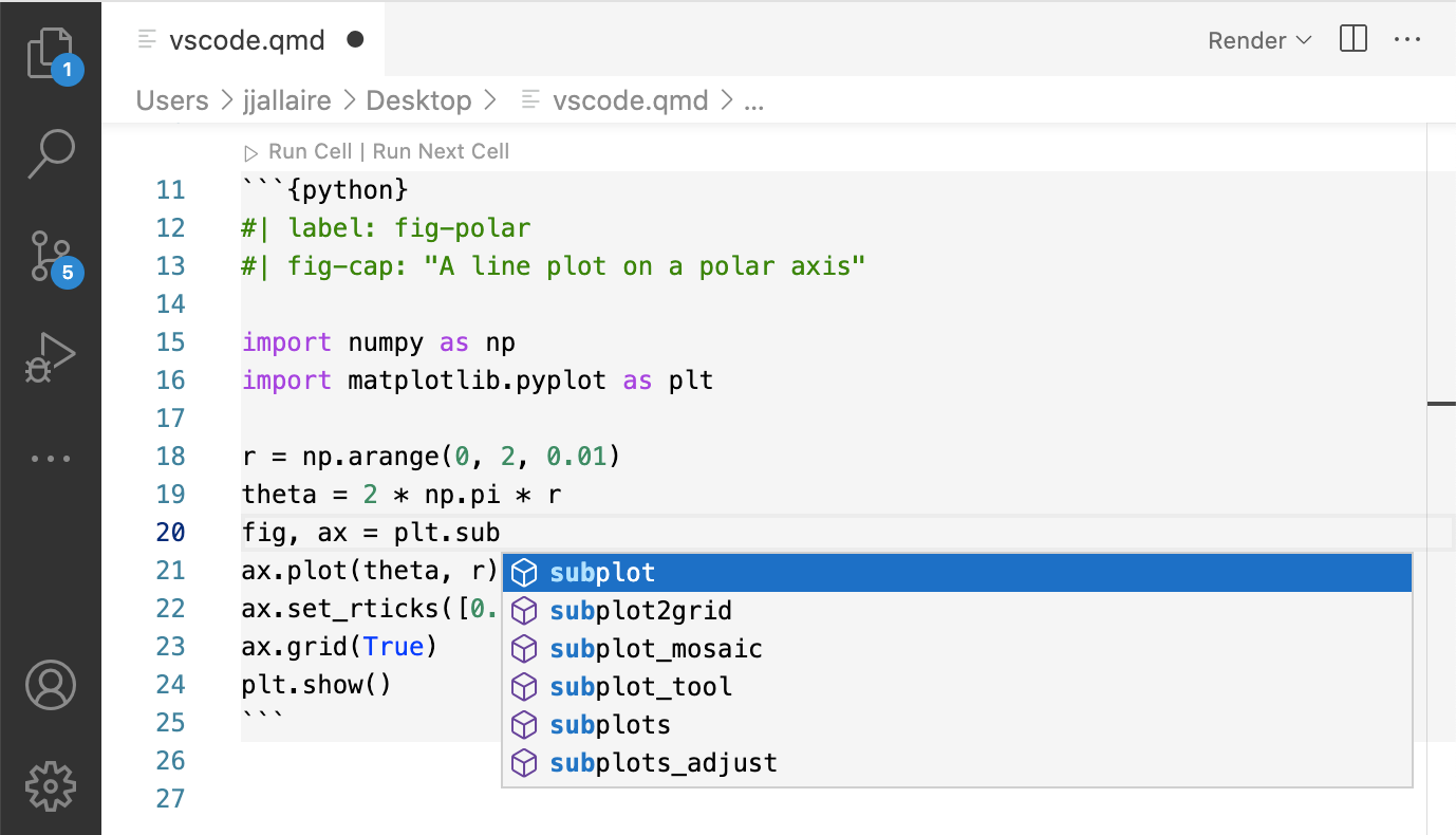 A Quarto document in VS with a python code cell. There is a code completion helper active in the python cell.